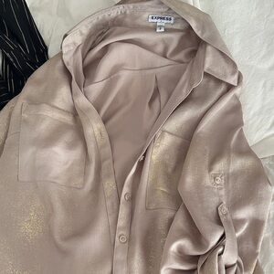 Express Metallic Beige Button-Up Blouse